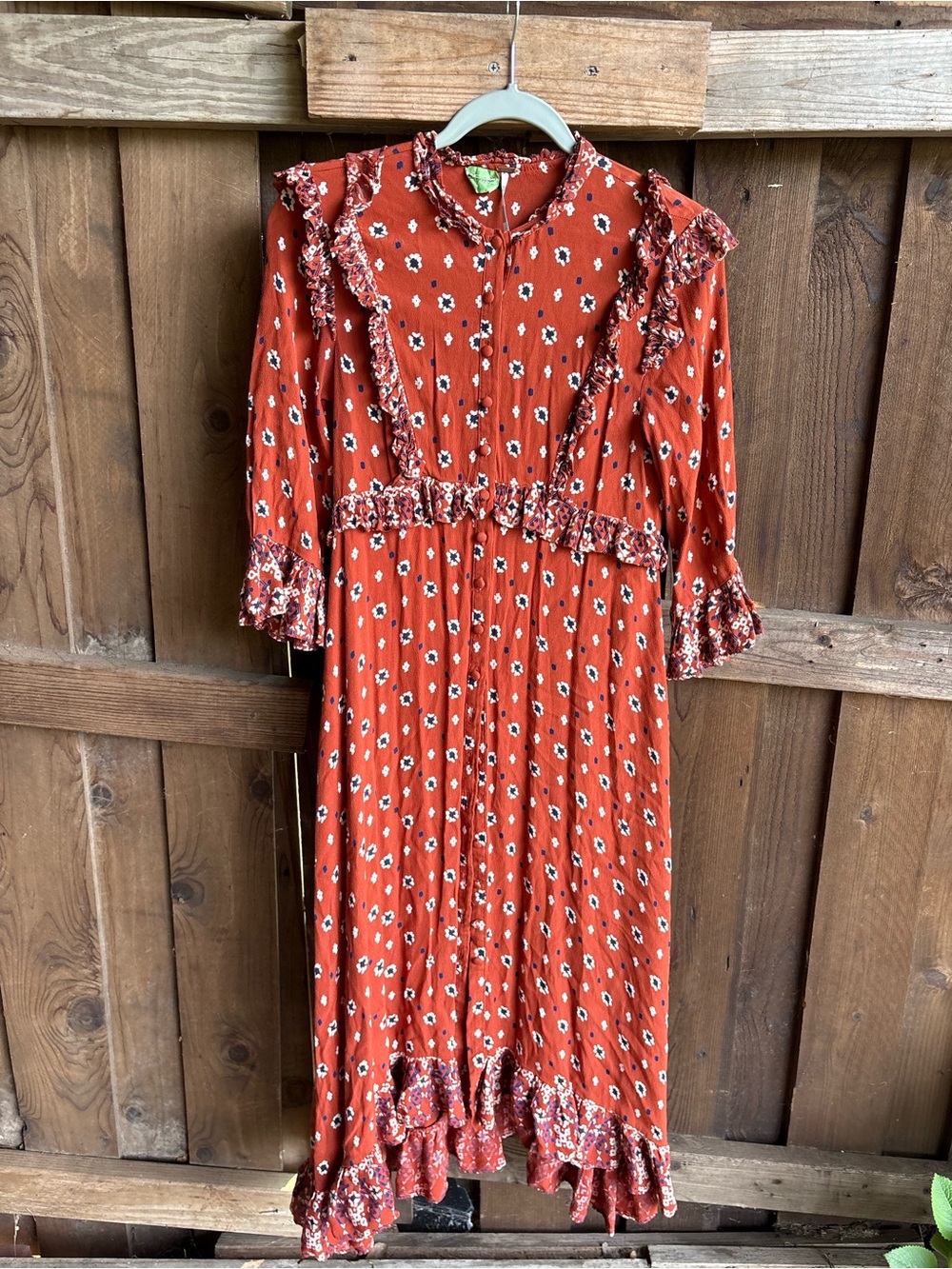 Free People Burnt Orange Cottagecore Boho Button Down Ruffle Fall Maxi Dress